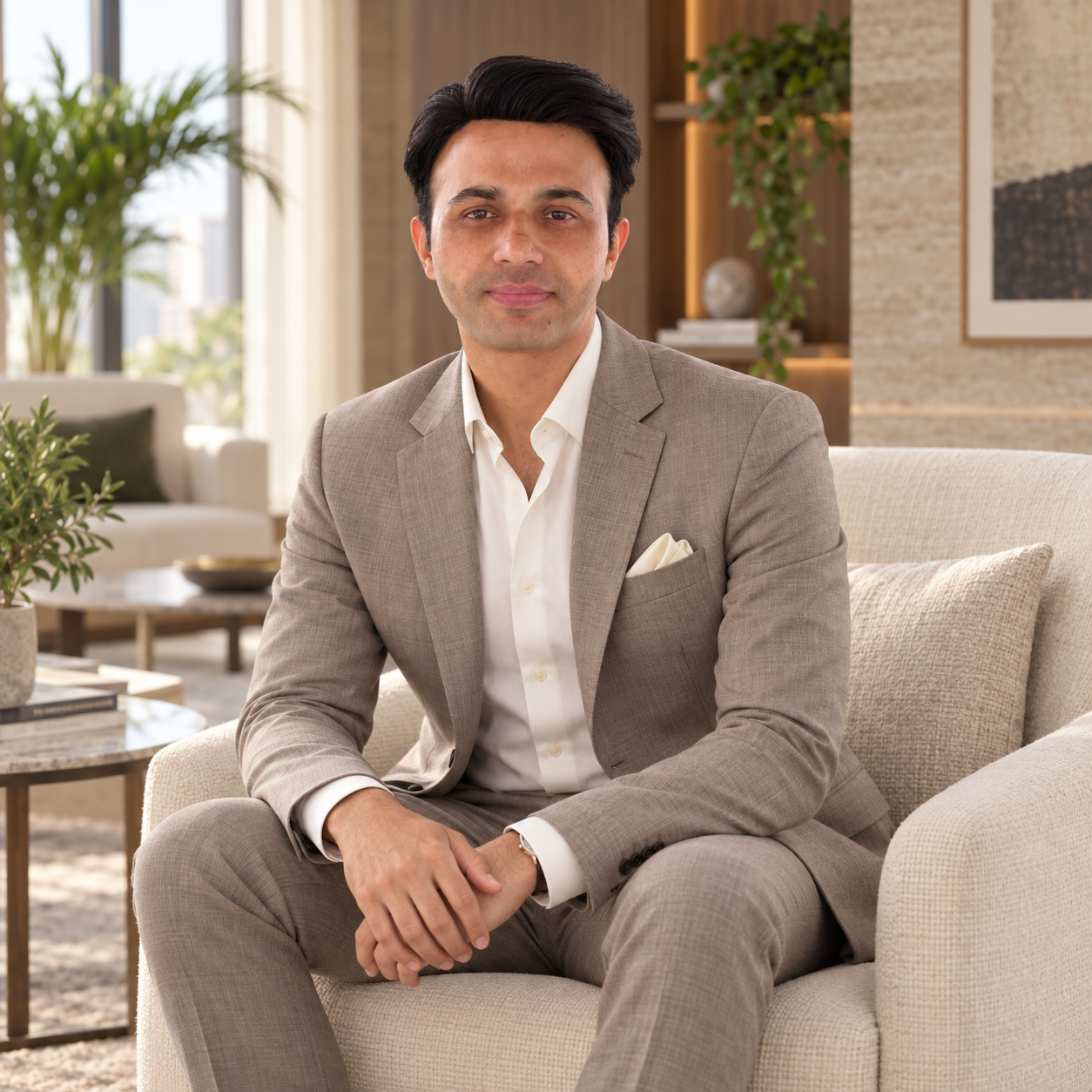 Mubashir Hussain wearing a light suit, seated in a lounge chair