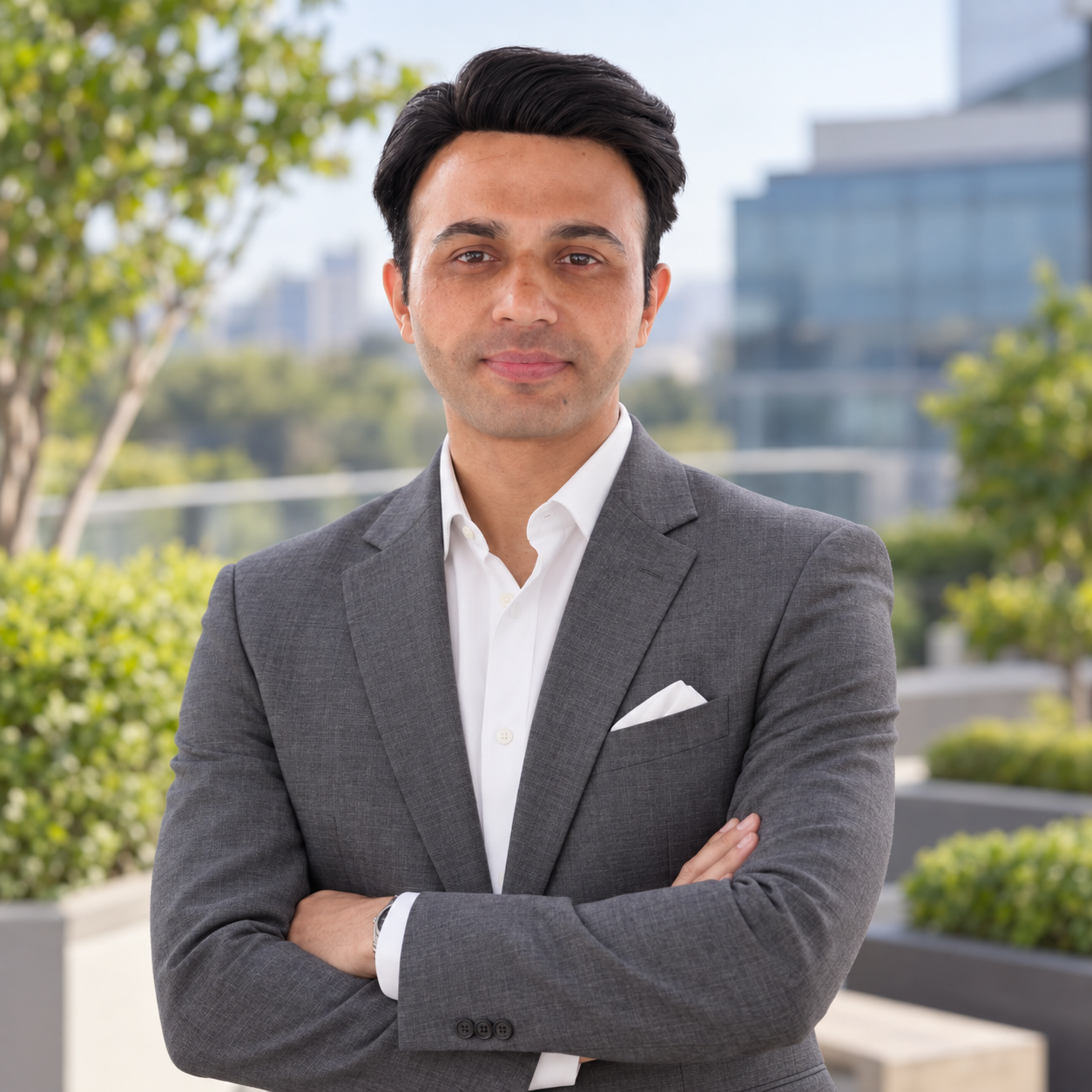 Mubashir Hussain wearing a grey jacket, standing on an outdoor terrace